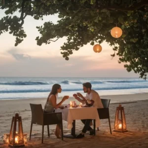 Romantic beachside dinner at sunset with a couple under lantern-lit tree, ocean waves in the background